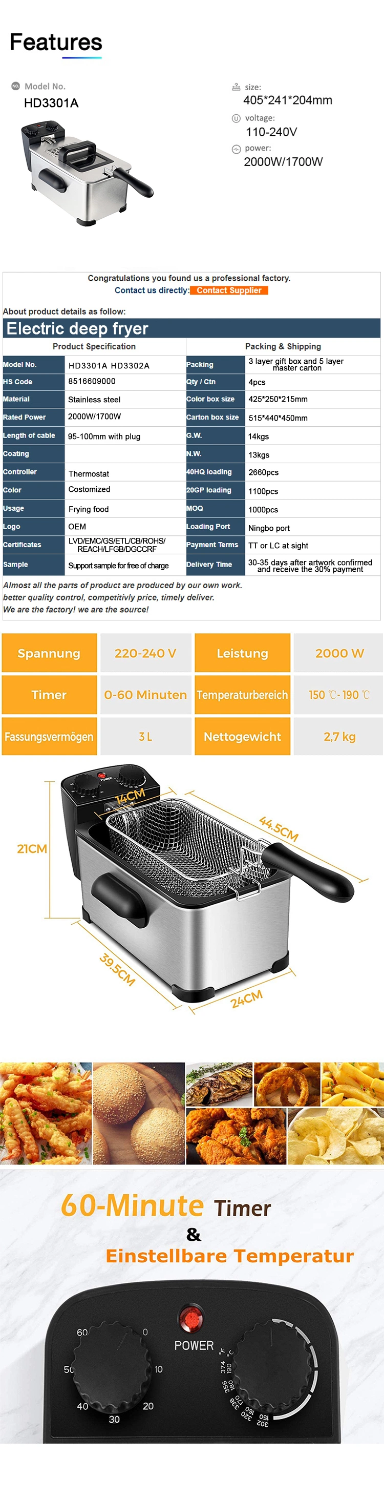 2000W 3L Electric Deep Fryer with Frying Basket