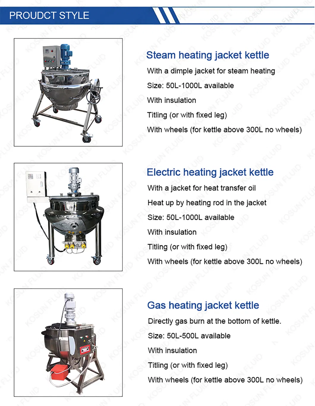300 1000 Liter Food Grade Stainless Steel Industrial Electric Steam Oil Cooking Jacket Kettle / Cooker / Pot